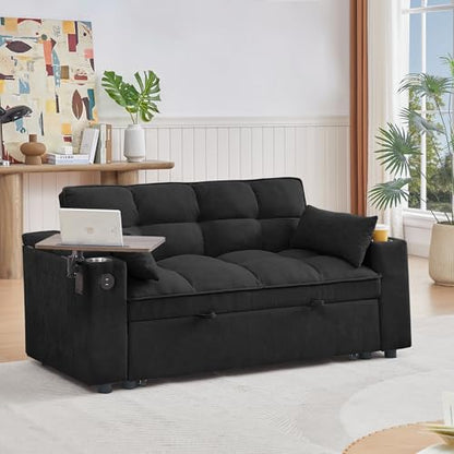65'' 3-in-1 Folding Convertible Sofa Bed, Pullout Sofa, Modern Chenille Fabric, 360° Swivel Side Table, Easy Assembly, Perfect for Living Room, Black - color: Black