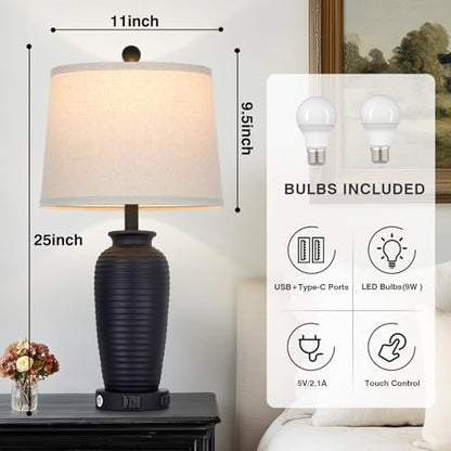 CINSARY 25" Retro Black Farmhouse Jar Table Lamps Set of 2, 3 Way Touch Control Rustic Bedside Lamps with USB A+C Ports & AC Outlet, Pot Nightstand Lamps for Bedroom Living Room (LED Bulbs Included) - color: Retro Black