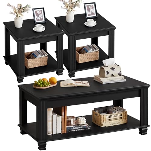 Farmhouse Coffee Table Set of 3, Black | Rustic Wood 3 Piece Coffee and End Table Sets with Open Shelf for Living Room - color: Black