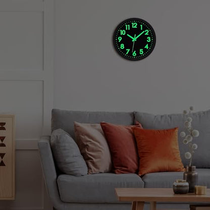 Glow in the Dark Wall Clock with Silent Lumious Night Light 12 in | Wall Clock Battery Operated, Lighted up, Easy to Read, Large Display,Analog Clock, for Bedroom Kitchen Living Room - color: All-black