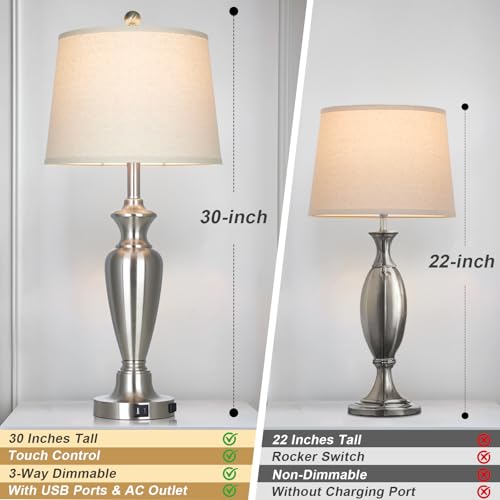 Cinyirong 30" Tall Silver Table Lamp for Living Room, 3-Way Dimmable Touch Control Bedside Lamp for Bedroom Nightstand with USB A+C Ports & AC Outlet (1 Pack) - color: Silver (1 Pack)
