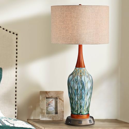 Rocco 30" Large Table Lamp Blue Ceramic USB Workstation Base Handmade | Colors May Vary. Mid Century Modern Charging Port and AC Power Outlet Living Room Bedroom Tan Drum Shade - color: Blue Teal Ceramic with USB Workstation Base