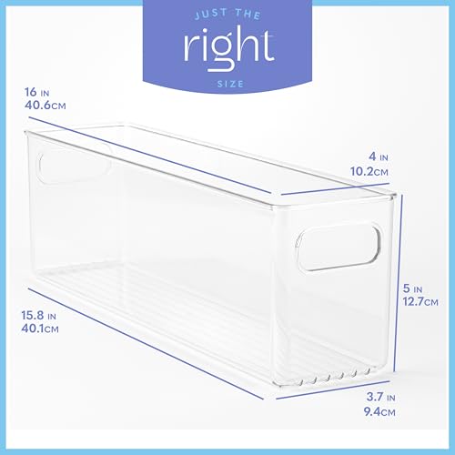 Plastic Food Storage 4 Pack Clear Container Bin with Handles for Organizing Kitchen, Pantry, Fridge, Freezer, Pantry,Bathroom. 16"x4"x5" - size: 16x4x5