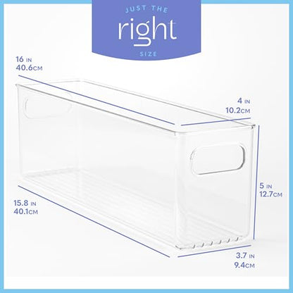 Plastic Food Storage 4 Pack Clear Container Bin with Handles for Organizing Kitchen, Pantry, Fridge, Freezer, Pantry,Bathroom. 16"x4"x5" - size: 16x4x5