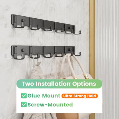 16" Heavy Duty Wall Mount Coat Rack with 6 Hooks, 3-Pack (Black) | Strong Glue or Screw Mount, Coat Hanger for Hanging Coats, Hats, Jackets and Bags in Entryway, Bedroom, Bathroom or Closet - color: Black - 3 Pack
