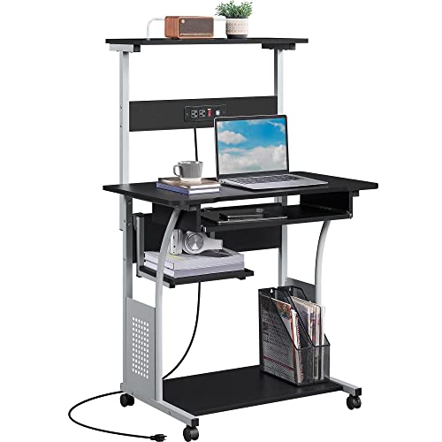 Yaheetech Small 3-Tier Rolling Computer Desk, Power Outlet, Black | Engineered wood tiers and metal frame suit small spaces, holding a monitor, printer, and keyboard tray by a built-in outlet. - color: Black