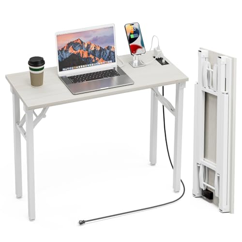 TEMI Small Computer Desk Folding Table - No Assembly, Compact 35.8" Foldable Desk with Power Outlets & USB Charging Port, Portable Small Office Desk, Ideal Mini Study Table for Narrow Spaces,White Ash - color: White Ash, size: 35.8 Inch, style: With Power