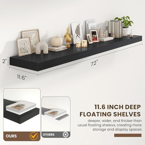 72 Inch Floating Shelves, 12'' Deep Black Shelves for Wall Set of 2 | Invisible Brackets, Engineered Wood, Mounting Hardware Included, 60LBS, Bathroom, Laundry Room, Kitchen, Living Room - color: Black, size: 72W x 11.6D x 2H, 2 Pack
