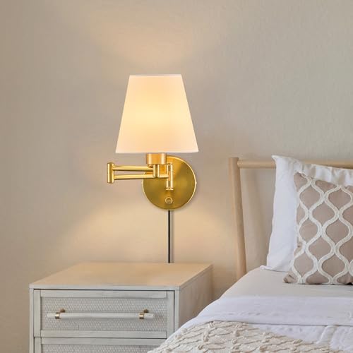VONLUCE Wall Sconce Set of 2, Plug in & Swing Arm Wall Lamps, Gold Finish | Modern Wall Lights with White Fabric Shades, Plug in & Hardwired Wall Mounted Light for Bedside, Living Room, Hallway - color: Gold, size: 2 Pack