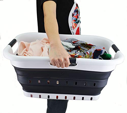 SAMMART 41L Collapsible 3 Handled Plastic Laundry Basket - Foldable Pop Up Storage Container/Organizer - Portable Basket - Space Saving Hamper/Basket (3 handled rectangular, White/Black) - color: White/Black