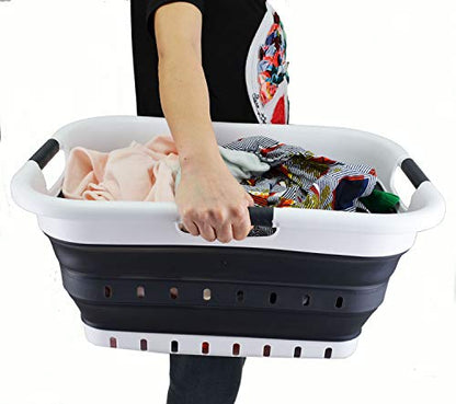 SAMMART 41L Collapsible 3 Handled Plastic Laundry Basket - Foldable Pop Up Storage Container/Organizer - Portable Basket - Space Saving Hamper/Basket (3 handled rectangular, White/Black) - color: White/Black