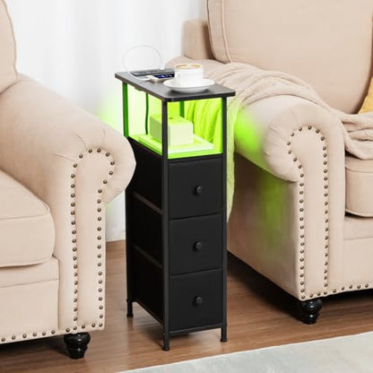 Narrow End Table with Charging Station, Small Nightstand | Skinny Side Tables Living Room with 3 Fabric Drawers, Bedside Table with LED Lights for Bedroom, Small Spaces, Black - color: Black, size: 27.55''H (3 Drawers), style: Power + Light