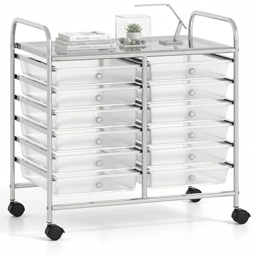 COSTWAY 12-Drawer Rolling Storage Cart, Utility Storage Organizer Cart | For Tools, Scrapbook, Paper, Craft, Multipurpose Art Supply Organizer on Wheels for Home Office School, Teacher, Clear - color: Clear, size: 25"L x 15"W x 24.5”H (12 Drawer)