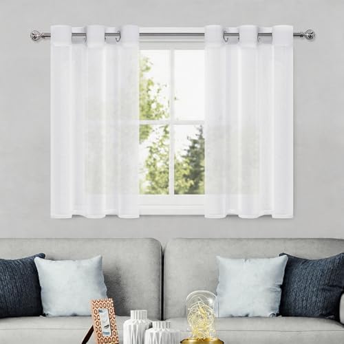 DWCN White Sheer Curtains, Grommet Top Faux Linen Look Voile Semi Transparent Solid Window Sheer Curtains Drapes for Bedroom Living Room, Set of 2 Panels 42 x 36 Inch Long, White - color: White, size: 42"W x 36"L (Pack of 2)