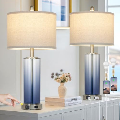 26" Coastal Blue Glass Table Lamps Set of 2, 3-Way Dimmable Touch Control Bedroom Lamp with USB C+A Ports & AC Outlet, Elegant Living Room Lamp, Nautical Bedside Lamps for Nightstand Side End Table - color: Blue