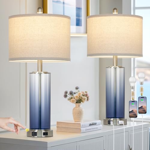 26" Coastal Blue Glass Table Lamps Set of 2, 3-Way Dimmable Touch Control Bedroom Lamp with USB C+A Ports & AC Outlet, Elegant Living Room Lamp, Nautical Bedside Lamps for Nightstand Side End Table - color: Blue