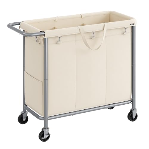 SONGMICS Laundry Basket with Wheels, 3-Section Rolling Laundry Hamper, 52.8 Gallons (200 L), Removable Liner, Steel Frame with Handle, 35.8 x 15.4 x 31.9 Inches, Cream White URLS005W01 - color: Cream White, size: 200 L (3-Section)