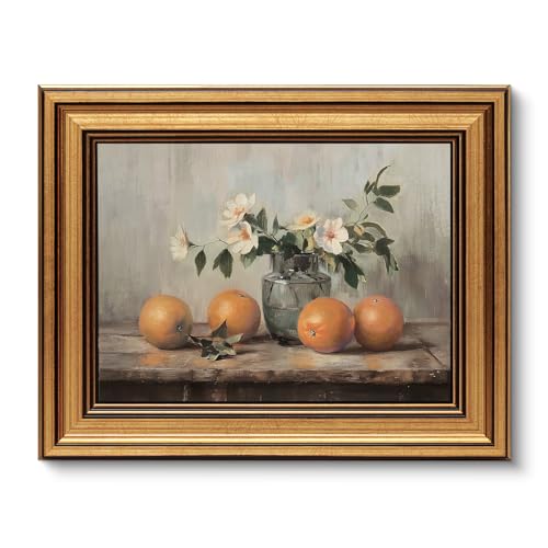 VIYYIEA Vintage Gold Framed Canvas Prints Wall Decor, Farmhouse Vintage kitchen Wall Art, Classical Oranges Still Life Paintings, Rustic Pictures for Dining Room Living Room Shelf, 8x10inch - color: White Roses Vase, size: 10"L x 8"W