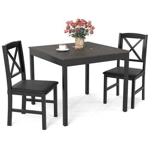 GOFLAME 3-Piece Dining Table Set for 2, Wooden Square Kitchen Table with 2 Upholstered Chairs, Space-Saving Dining Room Furniture Set for Dining Room, Breakfast Nook, Small Space, Grey & Black - color: Grey & Black