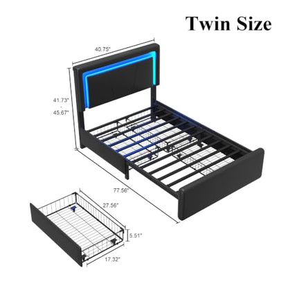 Twin Size Bed Frame with 4 Storage Drawers, Upholstered Headboard, Black | Modern Bed, Charging Station, LED Light, Adjustable Height Headboard, Noise-Free, No Box Spring Needed, Easy Assembly - color: Black, size: Twin