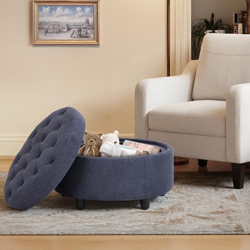COLAMY Round Hidden Storage Ottoman with Reversible Tray Lid – Multi-Functional Footrest, Sturdy & Stylish Fabric Coffee Table for Living Room, Bedroom, or Entryway, Blue - color: Blue