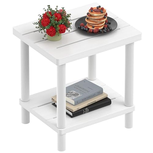 Outdoor Side Table, 2-Tier Small Outdoor Table for Patio, Adirondack Side Tables for Outside or Indoor, Bamboo End Table for Pool, Porch, Weather Resistant Easy Maintenance | White,Easy Assembly,Easy Maintenance,Weather Resistant,Indoor,Outdoor,Patio,Pool