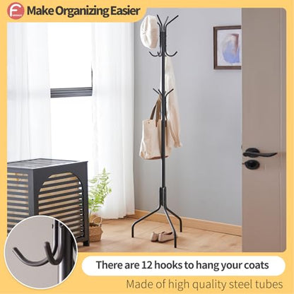 Coat Rack Freestanding,hat and coat rack stand for entryway,Living Room,Bedroom,Metal coat tree with12 Hooks and 3 Legs (Black) - color: Black