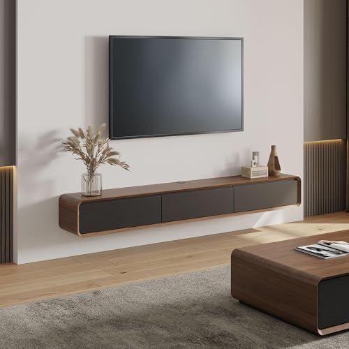 POVISON Fully-Assembled Minimalist Floating TV Stand, Modern Wall-Mounted Entertainment Center with 3 Flip-Down Cabinet Doors, Solid Wood, Walnut Veneer, 78" - color: Walnut & Black, size: 78.74"