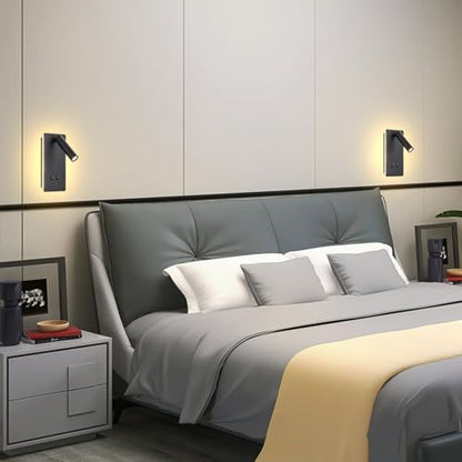 MOLUOLA LED Wall Lamp Wall Mounted Reading Lights Set of 2, Adjustable Headboard Plug in Wall Sconce with USB C+A Ports, Headboard Bedside Lamp with 9W+3W Night Light 3000K (Black) - color: Black, size: 2 Pack