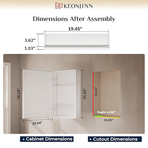 Keonjinn 14"x18" Small White Medicine Cabinet with Mirror, Assembly Needed | Adjustable Shelves, Wall-Mounted or Recessed Bathroom Mirror with Storage, Suitable for Compact Bathroom, Beveled Framed - color: White, size: 15x19 In
