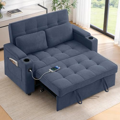 Korser 55.5'' 3-in-1 Convertible Sofa Bed, Pull Out Couch with 5-Position Adjustable Backrest, Loveseat Sleeper Sofa for Small Spaces, Sofa Couch with Cup Holders for Living Room, Office, Chenille - color: Dark Blue