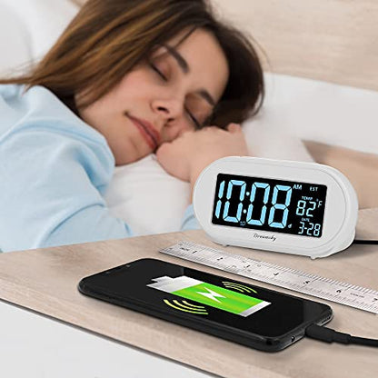 DreamSky Alarm Clocks for Bedrooms, Auto Set Digital Clock with Date & Temp | Electric Desk Clock with Dimmable Brightness Dimmer for Bedside Nightstand, Auto DST, USB Port, Temperature, Snooze - color: White