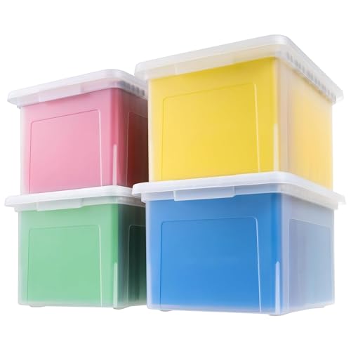 IRIS USA File Box, Plastic File Organizer with Lids for Letter/Legal File, Portable Document Box For Moving, Storage Bin with Durable and Secure Lid, Stackable Nestable BPA-Free, Clear 35 Qt. 8 Pack | Portable Moving Box, Stackable and Secure Storage, Dur