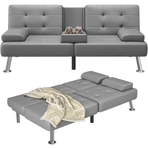 Furmax Leather Futon Sofa Bed, Adjustable Futon Couch for Living Room | Sleeper Sofa Bed with 2 Cup Holders, Reclining Futon Loveseat for Apartment, Business Office & Small Spaces | Gray - color: Grey
