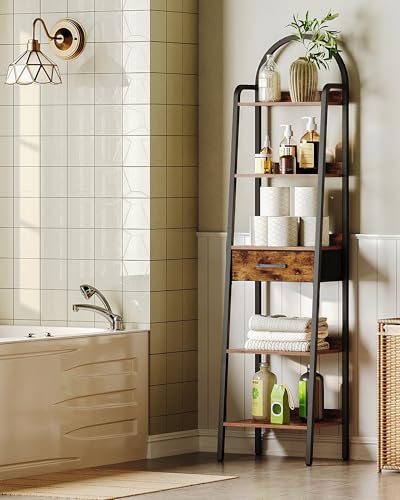 5 Tier Ladder Shelf with Drawer, Tall Ladder Bookshelf, Standing Bookcase with Metal Frame for Living Room, Bathroom, Home Office, Study, Balcony, Rustic Brown and Black TCJ07BF - color: Rustic Brown and Black