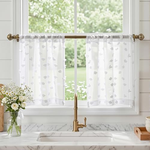 MYSKY HOME White Sheer Kitchen Curtains Over Sink 24 inch Length,2 Panels | Light Filtering Semi Sheer with Pom Pom,Short Tier Half Curtains for Cafe Small Window Decor, Rod Pocket,26Wx24L - color: 1-white, size: 26"W x 24"L (Pack of 2)