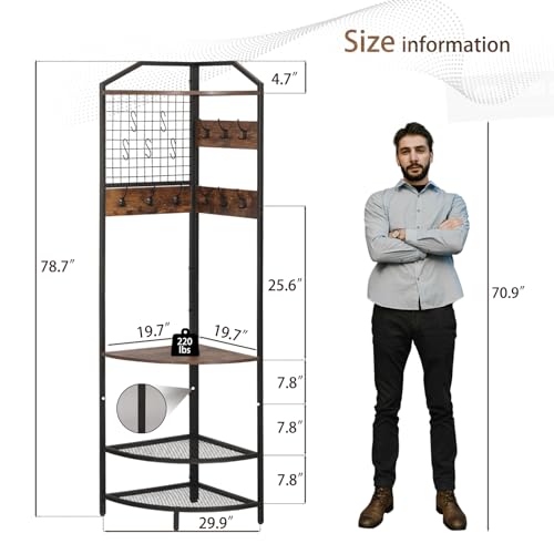 Corner Coat Rack, Coat Rack with Shoe Storage, Hall Tree with Bench and Shoe Storage, Freestanding Shelves with 14 Hook for Entryway, Hallway,Bedroom (Corner)