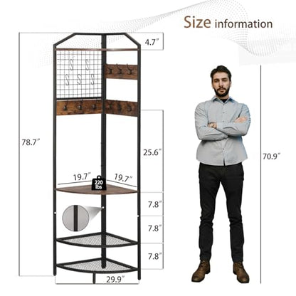 Corner Coat Rack, Coat Rack with Shoe Storage, Hall Tree with Bench and Shoe Storage, Freestanding Shelves with 14 Hook for Entryway, Hallway,Bedroom (Corner)