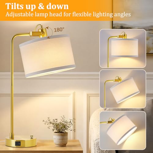 Gold Table Lamp Set of 2, USB A+C, 180° Adjustable Bedside Lamps, Dimmable | Bare Bulb Compatible, Industrial Nightstand Lamp with Linen Lampshade, LED Bulbs Included, Desk Lamp for Bedroom, Living Room - color: Gold-A
