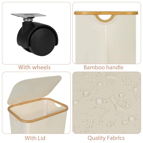 Laundry Basket with Wheels,100L Hampers for Laundry,Large Laundry Hamper with Lid and Bamboo Handles,Collapsible & Waterproof Tall Cloth Hamper for Dormitory Family，Beige - color: Beige, size: 100L with Wheels
