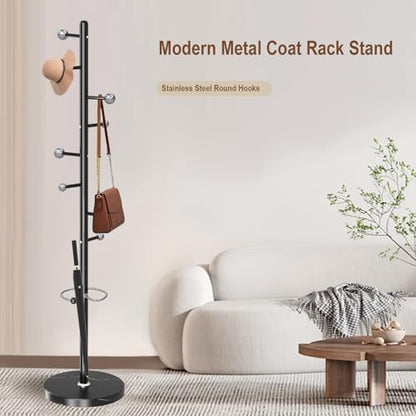Coat Rack Stand, Black Metal Coat Rack Freestanding with 8 Hooks - color: Black-8 Ball Hooks
