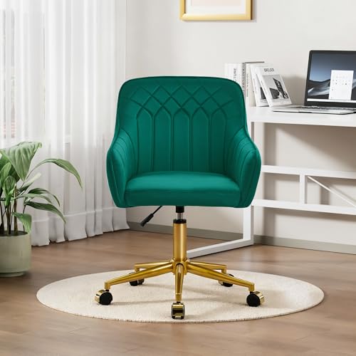 VECELO Modern Velvet Swivel Home Office Desk Chair with Back & Rolling Wheels, Adjustable Seat Height for Girls Women Bed Room Vanity Makeup/Task/Computer Work, Green - color: Green