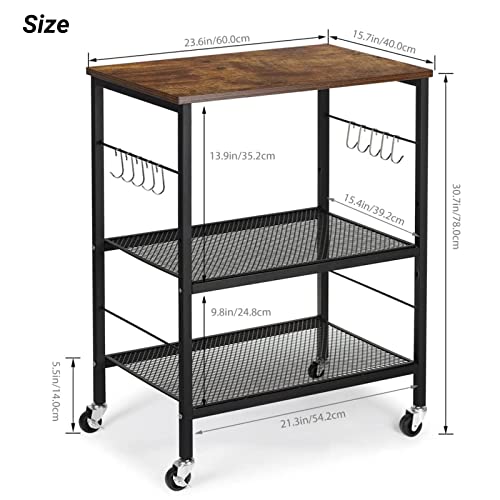 LIANTRAL Rolling Cart, 3-Tier Microwave Cart Kitchen Storage On Wheels | Brown Utility Cart for Bar Coffee Large Side End Table Nightstand for Home Office - size: Large, style: Brown