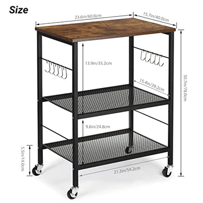 LIANTRAL Rolling Cart, 3-Tier Microwave Cart Kitchen Storage On Wheels | Brown Utility Cart for Bar Coffee Large Side End Table Nightstand for Home Office - size: Large, style: Brown