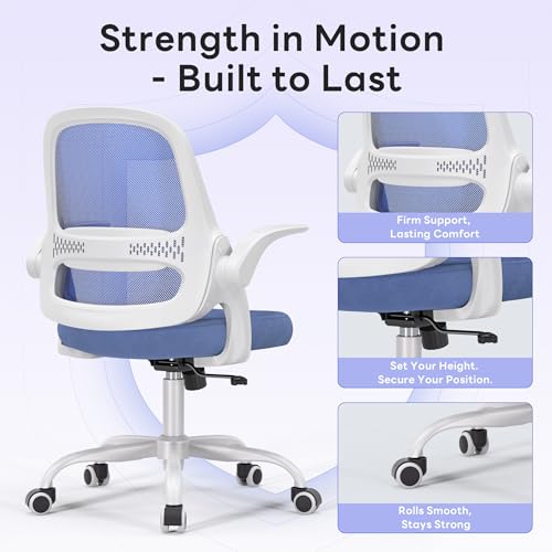 amseatec Ergonomic Mesh Desk Chair with Flip-Up Arms, Supports 300 lbs | Aerospace-grade frame, Mesh & 3" foam seat. 90-110° rocking, height adjustable, 360° swivel. - color: Blue