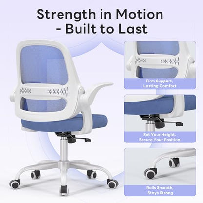 amseatec Ergonomic Mesh Desk Chair with Flip-Up Arms, Supports 300 lbs | Aerospace-grade frame, Mesh & 3" foam seat. 90-110° rocking, height adjustable, 360° swivel. - color: Blue