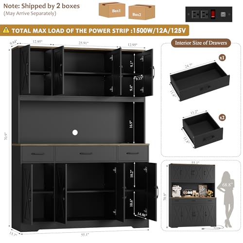 HOSTACK 71" Tall Kitchen Pantry Storage Cabinet, 55" W Kitchen Hutch, Black | Large Pantry Cabinet with Charging Station / Countertop / 3 Drawers, Farmhouse Hutch Cabinet with Storage for Dining Room - color: Black
