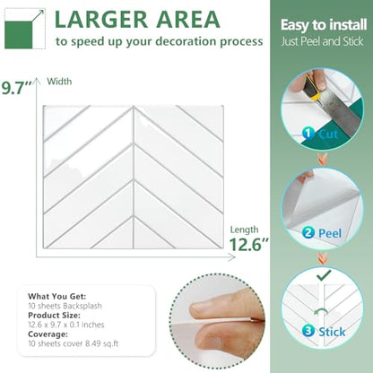 STICKGOO Herringbone Peel and Stick Backsplash, White/Grey Grout, 10 Sheets | 12.6 x 9.7 in, Thicker Rectangular Vinyl Stick-On Wall Tiles, Easy Alignment, Waterproof, Easy to Clean, Kitchen/Bathroom - color: White With Grey Grout, size: Pack of 10