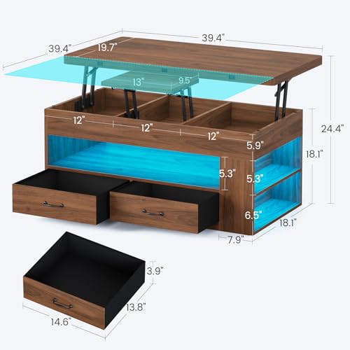 Itaar Lift Top Coffee Table, 4 in 1 Coffee Tables with Storage and Hidden Compartment, Farmhouse Coffee Table with 2 Fabric Drawers & LED Light for Living Room, Brown - color: Brown