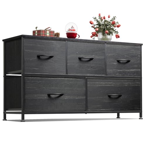 WLIVE Wide Dresser for Bedroom, 5 Drawer Chest of Drawers, Black Wood Grain | 5 roomy fabric drawers, Wide storage design, Bedroom or closet use, Sturdy steel frame, Smooth wood tabletop - color: Charcoal Black Wood Grain Print, size: 11.81"D x 39.37"W x